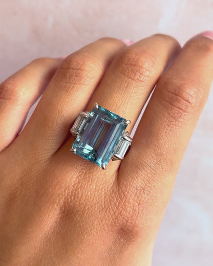 Aquamarine and diamond trilogy ring