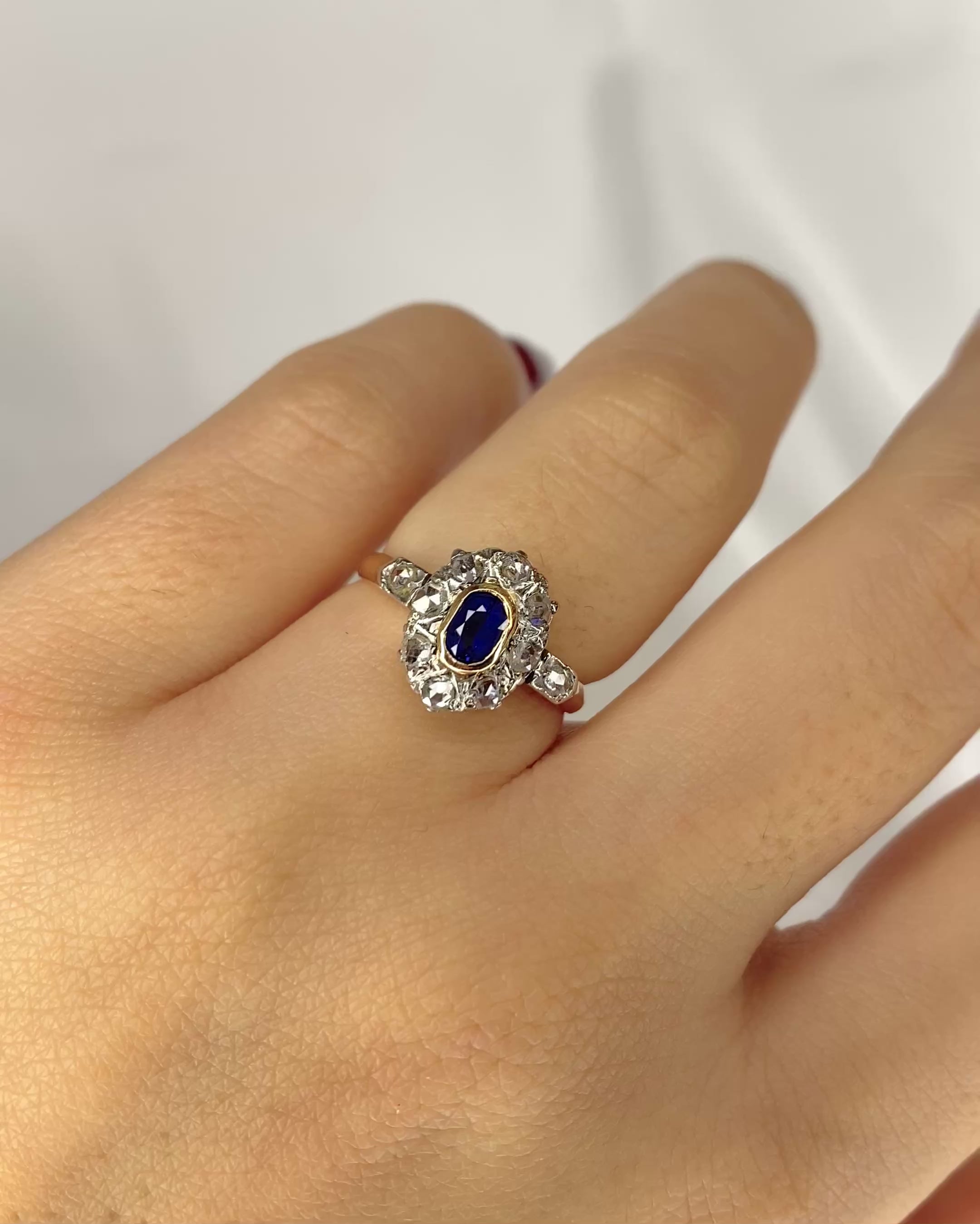 Art Deco Ring Sapphire 0.32 carat &amp; 10 Diamonds "Elif"