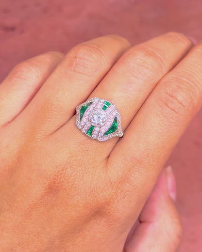 Art Deco Style Ring Diamonds 1.51 carat &amp; Emeralds 0.54 carat "Shana"