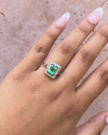 Art Deco Style Emerald 1.46 Carat &amp; Diamonds Ring "Audrey"