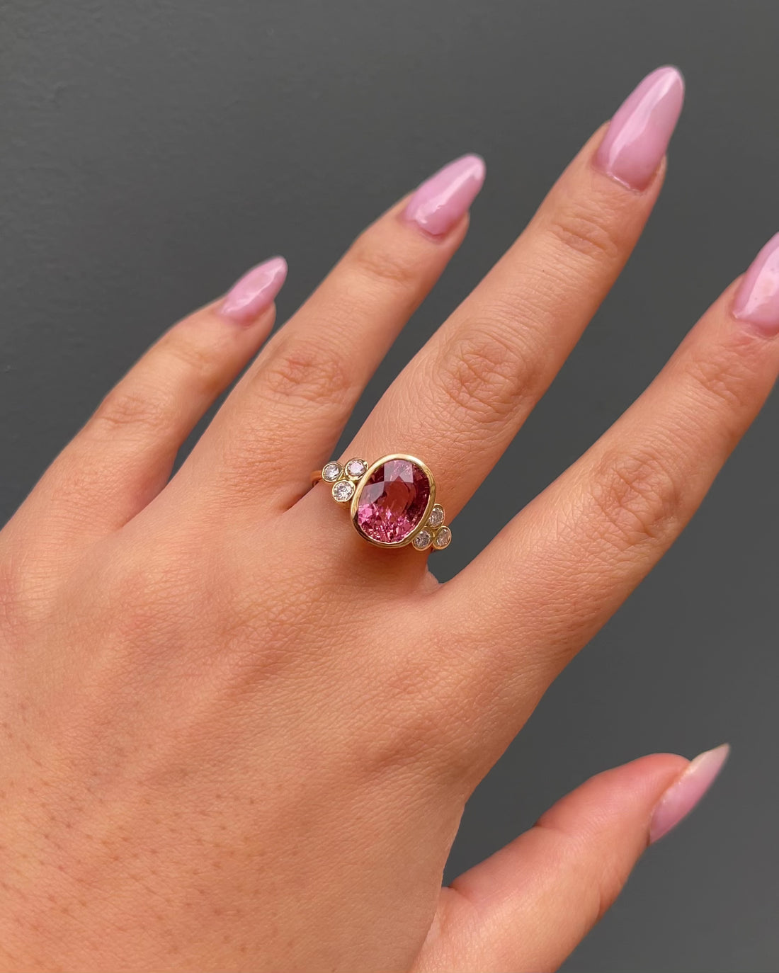 Trilogy Ring Pink Tourmaline 3.50 carats &amp; 6 Diamonds &quot;Annabelle&quot;