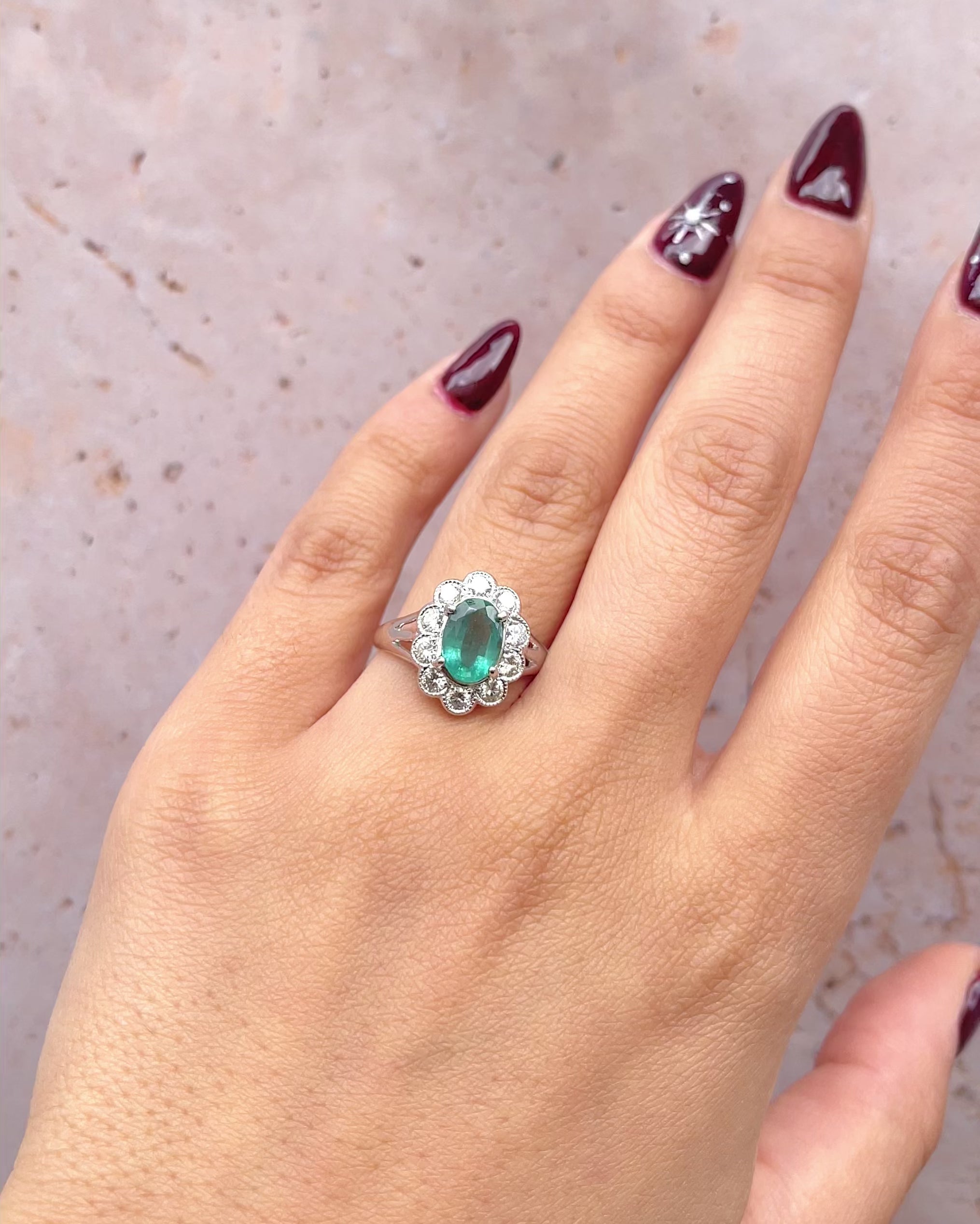 Emerald Daisy Ring 1.35 Carat &amp; Diamonds 0.68 Carat "Vanessa"