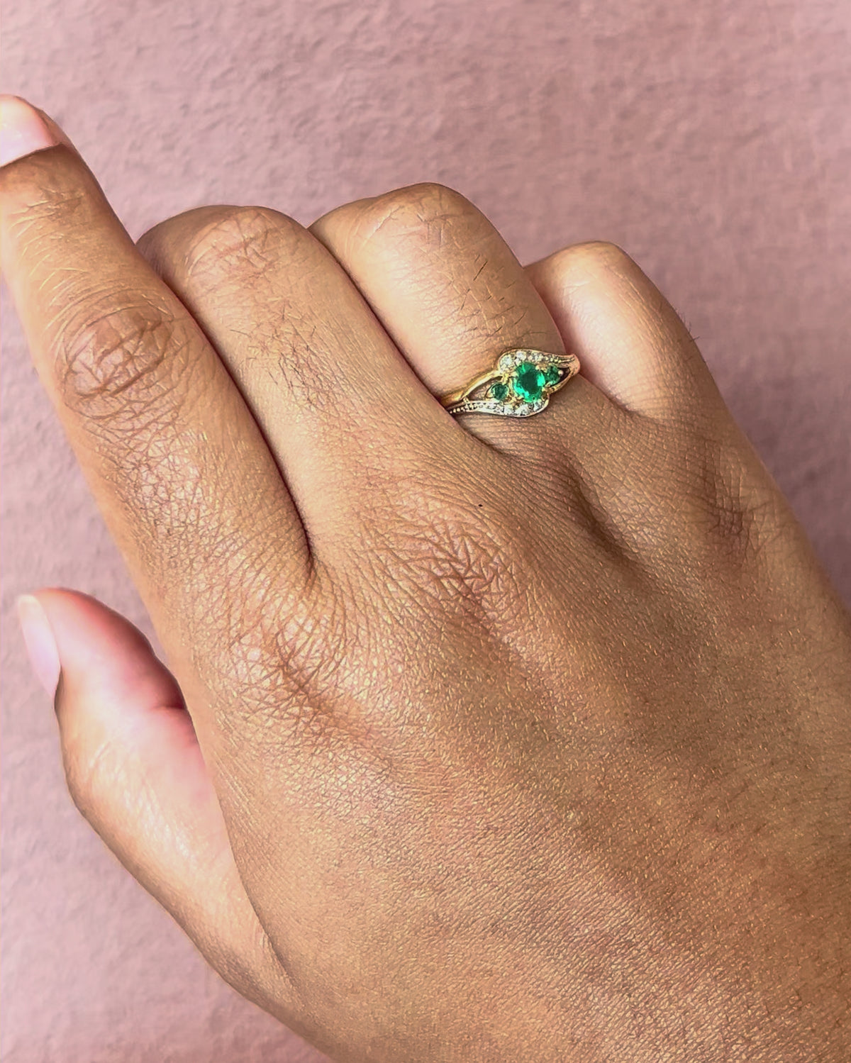 “Daisy” Emerald &amp; Diamond Trilogy Ring