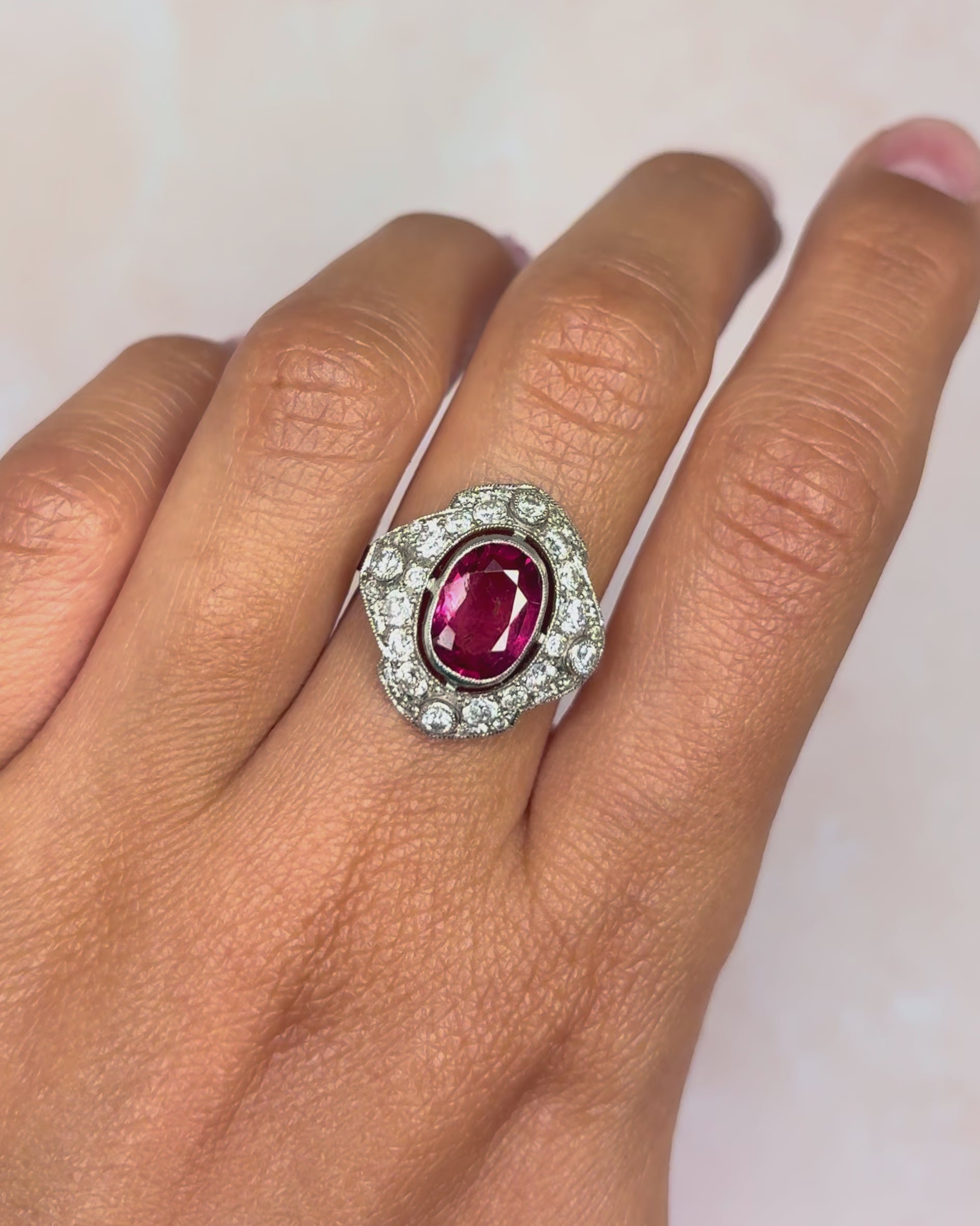 Art Deco Style Ring Pink Tourmaline 1.60 Carat &amp; Diamonds 0.76 Carat "Tracy"
