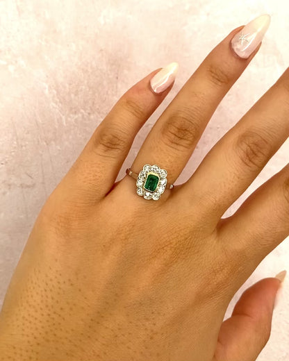 Art Deco Marguerite Ring Emerald 0.56 carat &amp; Diamonds 0.55 carat "Flore"