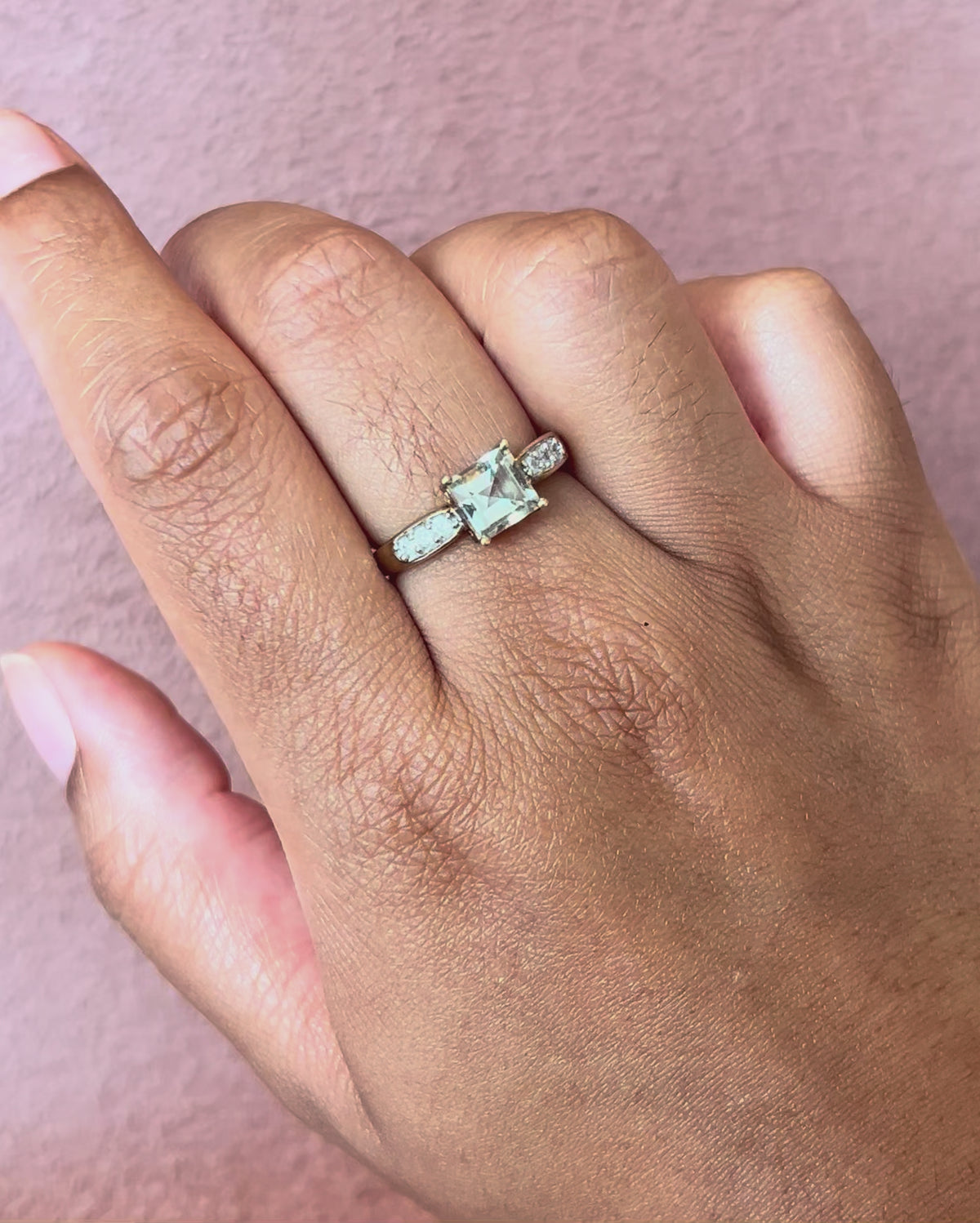 1.20-carat Prasiolite Quartz &amp; Diamond Trilogy Ring "Ava"