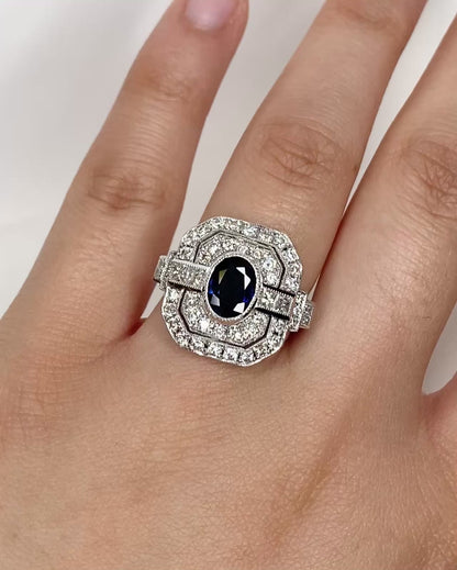 Anillo estilo Art déco zafiro 1,50 quilates y diamantes 1,04 quilates "Camille"