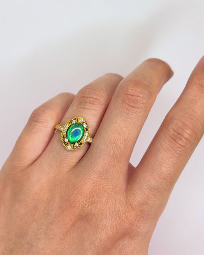 Art Nouveau Style Ring Black Opal 0.81 carat &amp; Diamonds "Cléophée"