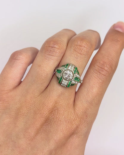 Art Deco Style Ring Diamonds 1.18 Carat &amp; Emeralds 0.29 Carat "Maeva"