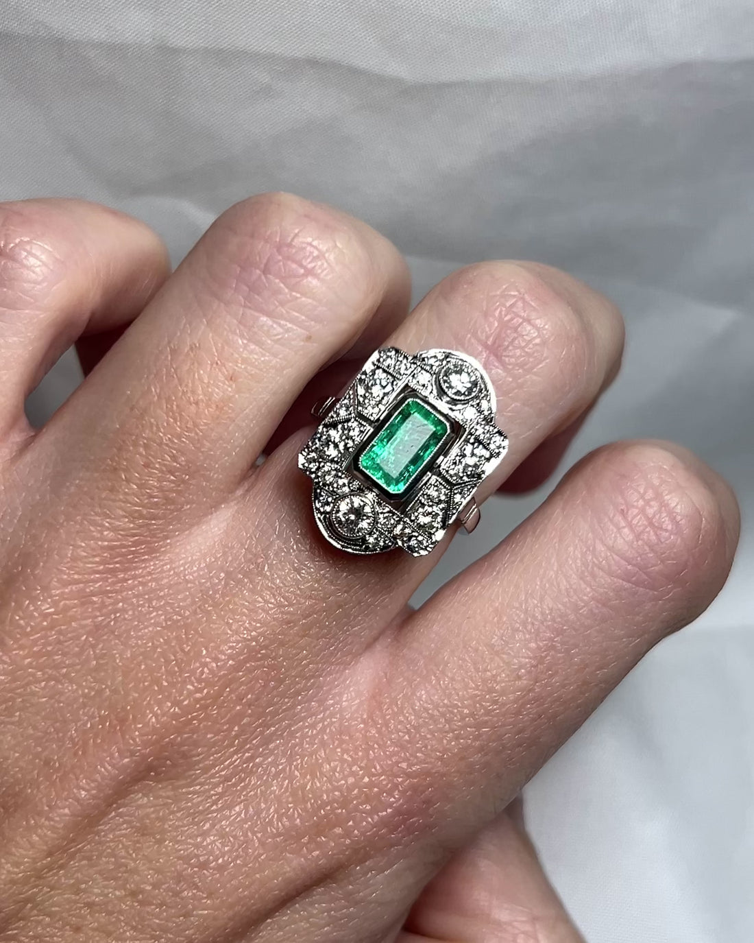 Art Deco Style Ring Emerald 1.08 carat &amp; Diamonds 0.72 carat &quot;Coline&quot;