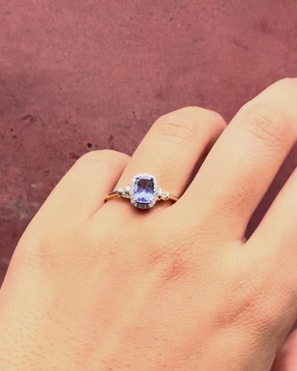 Bague Solitaire Style Art-Déco Tanzanite 1 carat &amp; Diamants 0.31 carat "Alizée"