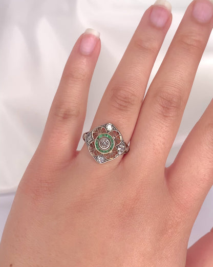 Bague Art-Deco Diamants 0.47 carat &amp; Pierres Vertes "Tatiana"