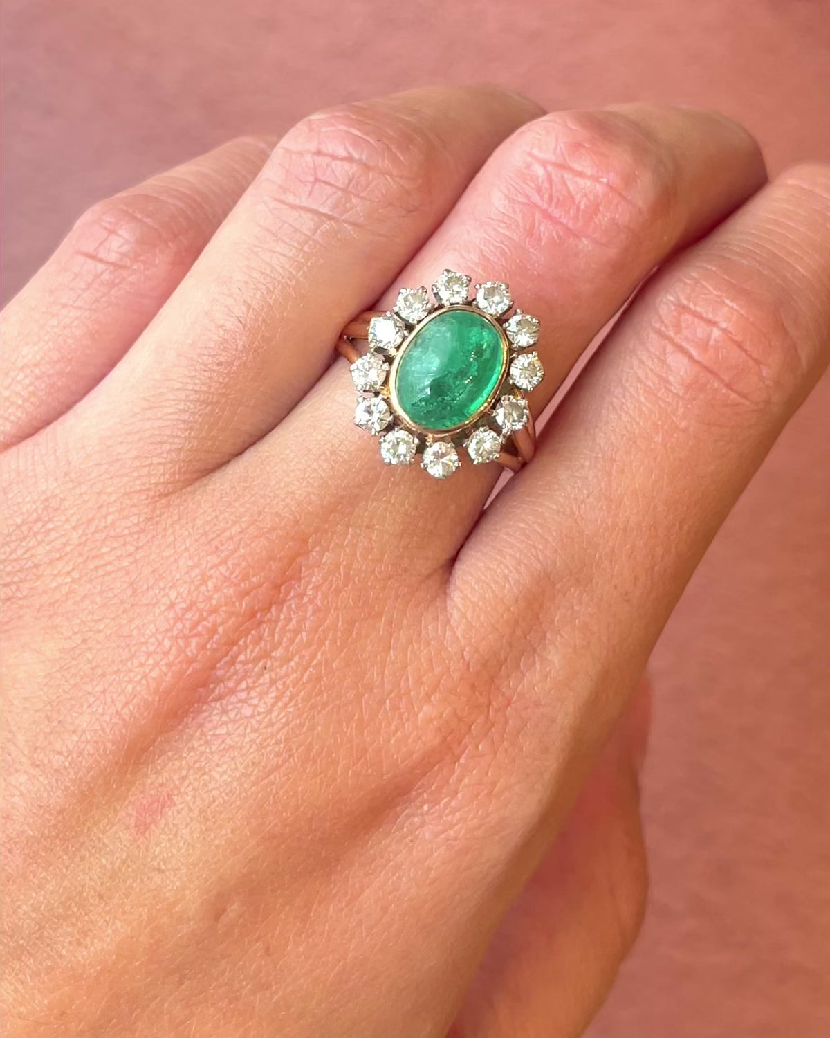 “Aimée” cabochon emerald daisy ring, 3.15 carats &amp; 0.84-carat diamonds