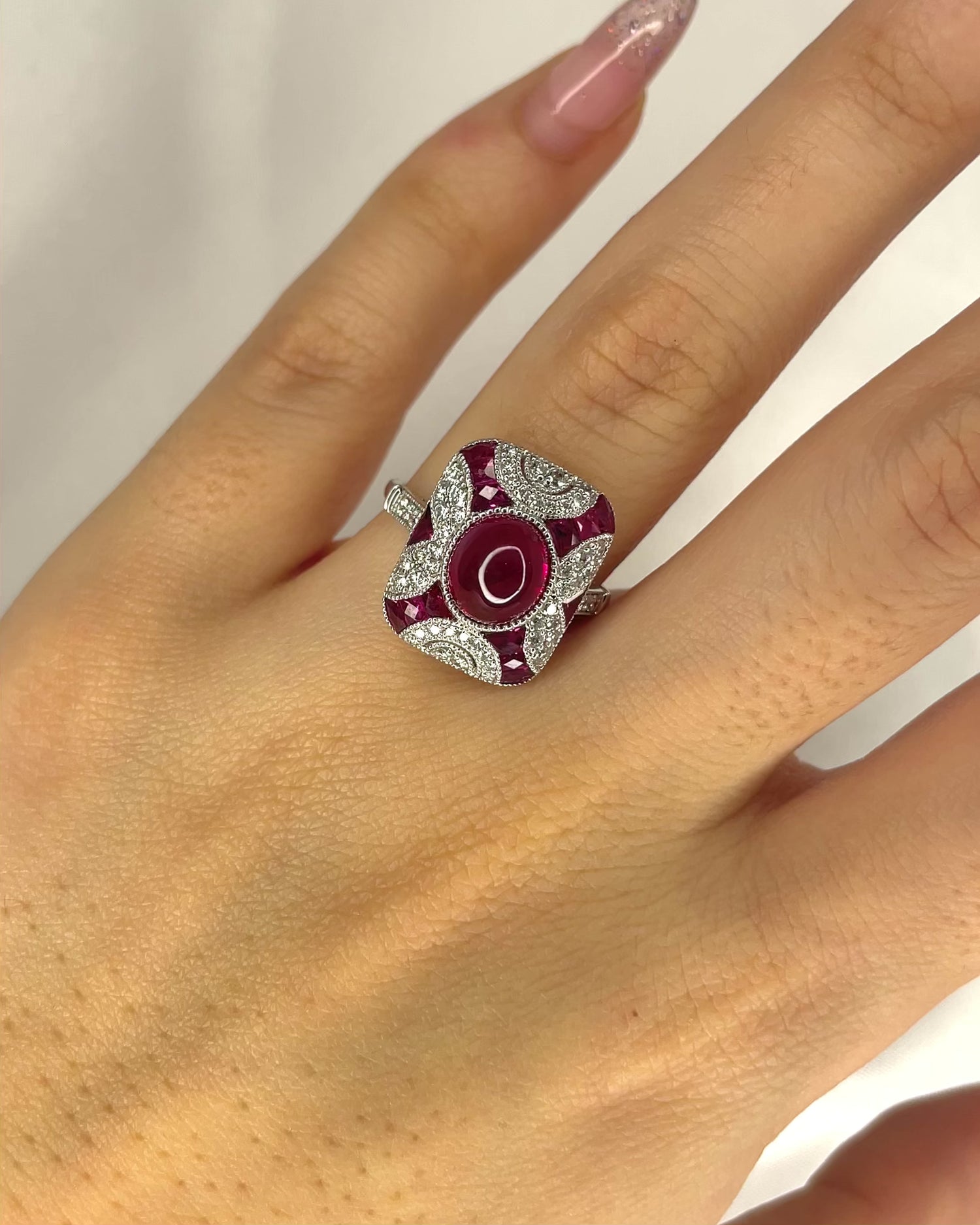 Art Deco Style Ring Ruby 3.73 carats &amp; Diamonds 0.43 carat "Leslie"