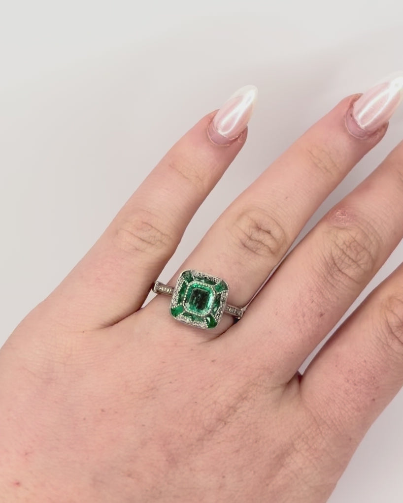 Art Deco Style Ring with Zambian Emeralds &amp; Diamonds "Olivia"