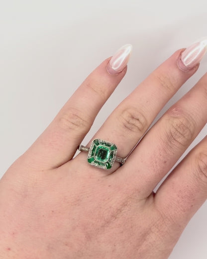 Art Deco Style Ring with Zambian Emeralds &amp; Diamonds "Olivia"