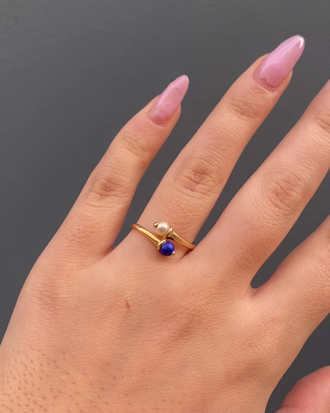 Bague Toi &amp; Moi Perle &amp; Lapis-Lazuli "Prune"