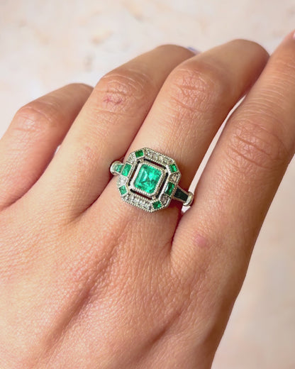 Art Deco Style Ring with Colombian Emeralds &amp; Diamonds "Paola"