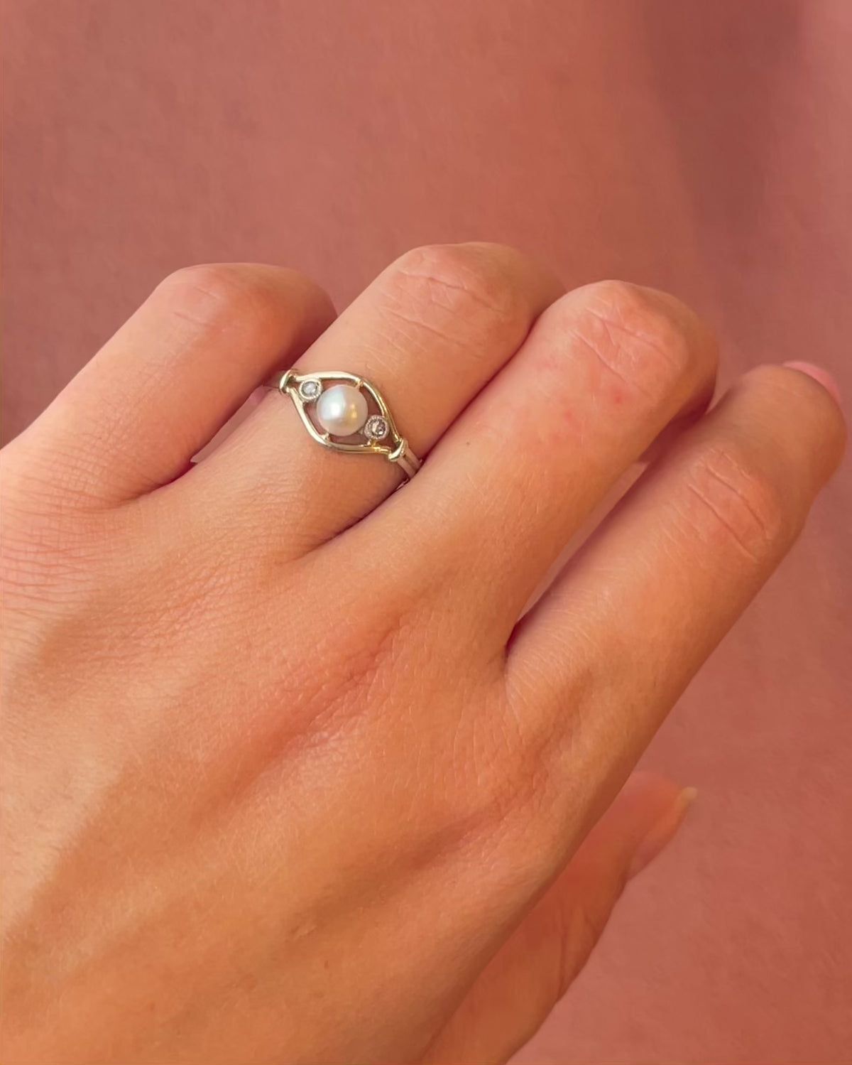 Art Deco Pearl &amp; Diamond Ring "Helene"