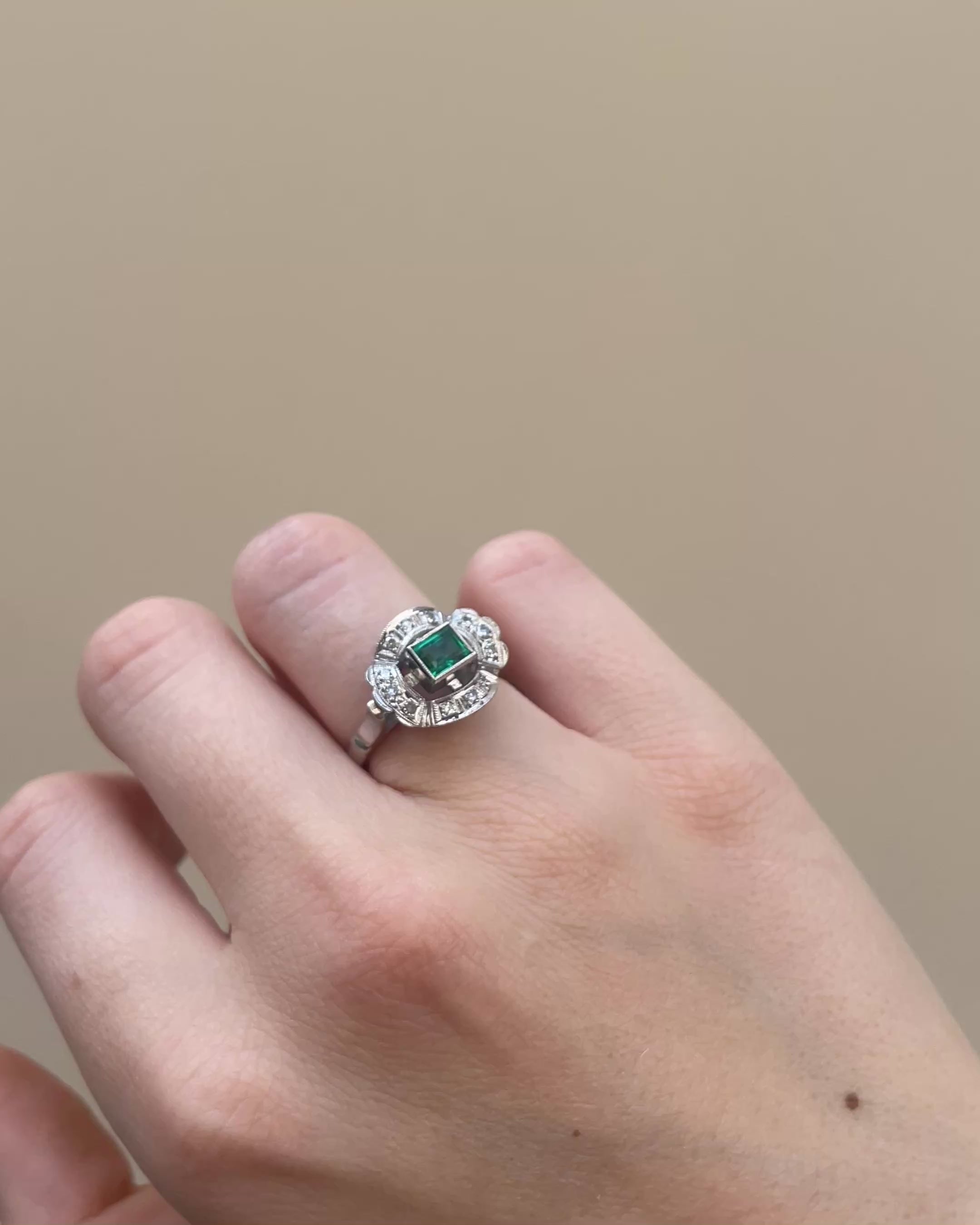 Art Deco Emerald 0.70 carat &amp; Diamonds Ring "Agathe"