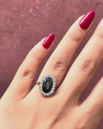 Art Deco Daisy Ring with a 3.30-carat Sapphire &amp; “Khaki” Diamonds