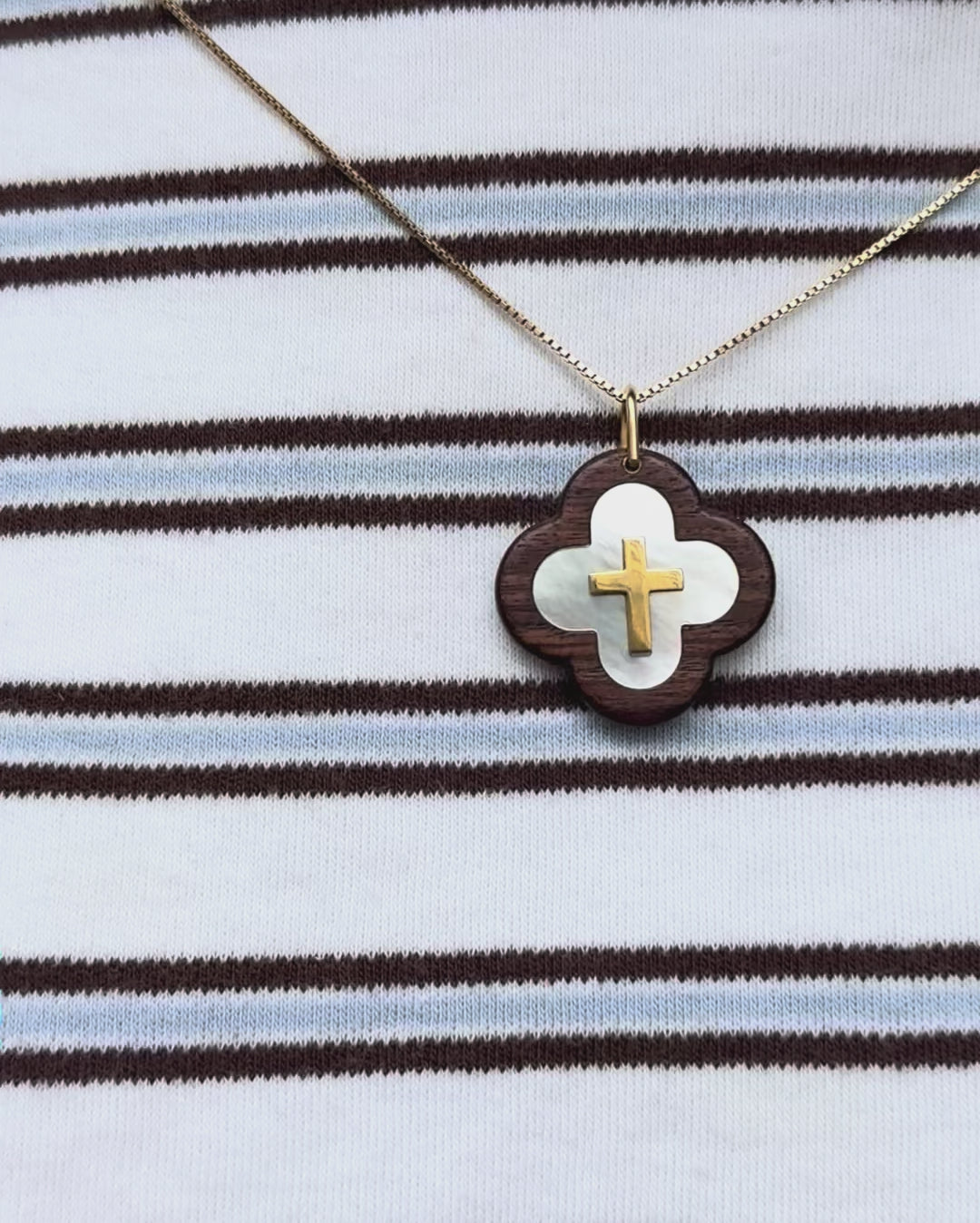 "Isaac" Mother-of-Pearl Clover Crucifix Pendant, Gold &amp; Rosewood