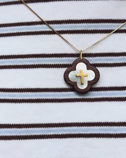 "Isaac" Mother-of-Pearl Clover Crucifix Pendant, Gold &amp; Rosewood