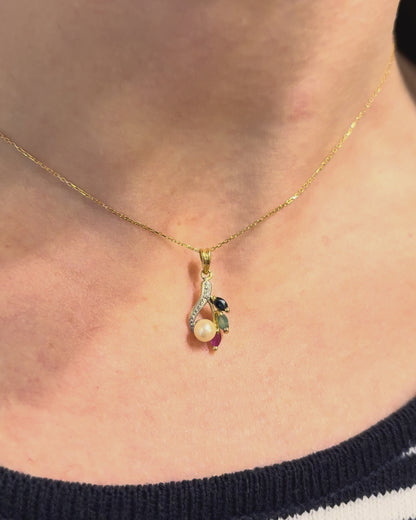 Pendant Pearl, Sapphire, Emerald &amp; Ruby &quot;Louna&quot;