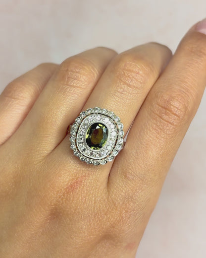 Anillo estilo Art Déco zafiro verde 1,30 quilates, diamantes 0,58 quilates y oro 4,15 g "Léa"