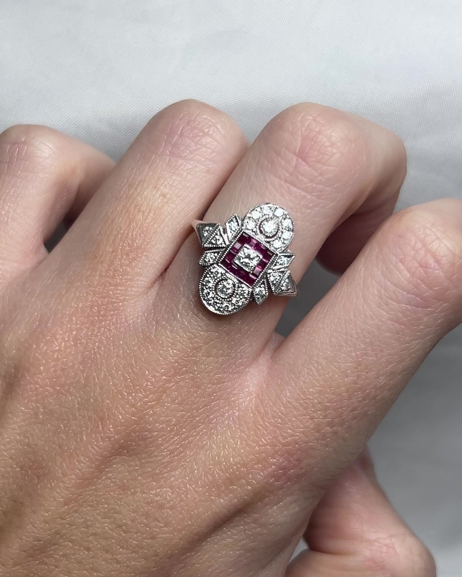 Art Deco Style Ring 12 Calibrated Rubies &amp; 25 Diamonds &quot;Zina&quot;