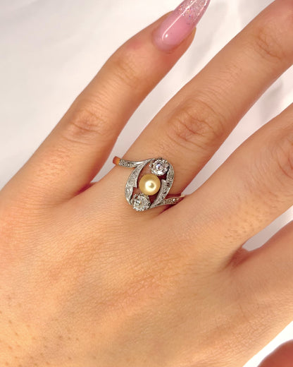 Art Nouveau Ring Pearl &amp; Diamonds "Tracy"