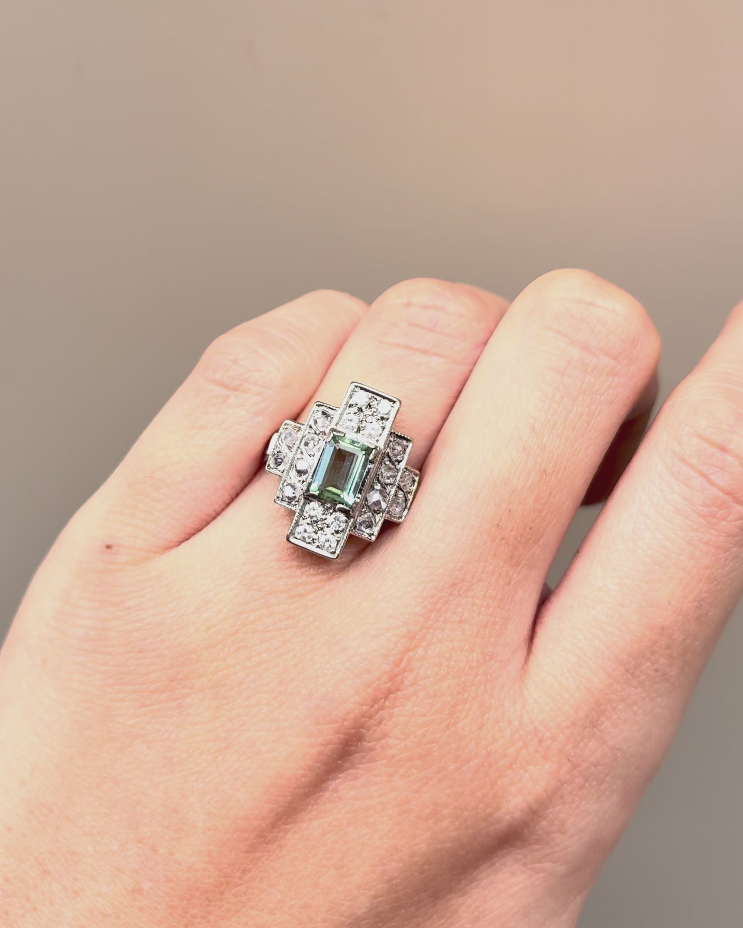 Art Deco Tourmaline 0.74 carat &amp; 20 Diamonds &quot;Anastasia&quot; Ring