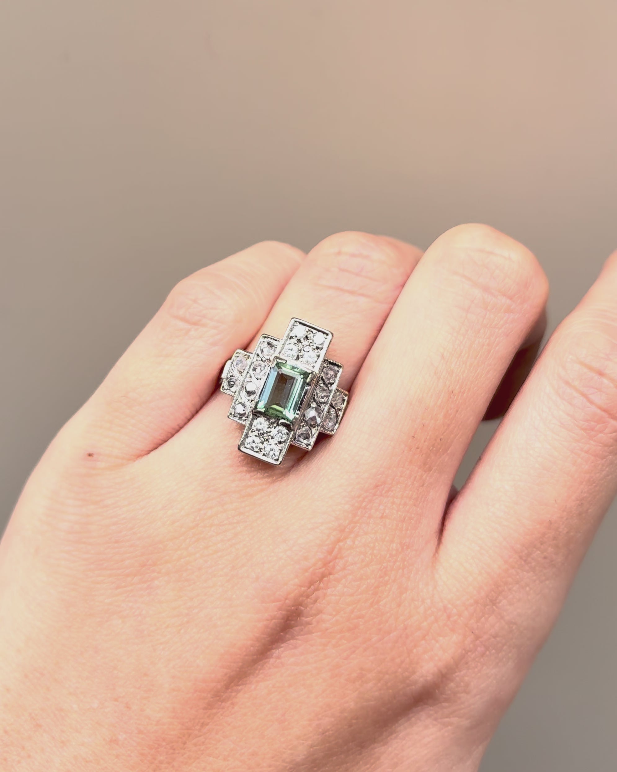 Art Deco Tourmaline 0.74 carat &amp; 20 Diamonds &quot;Anastasia&quot; Ring