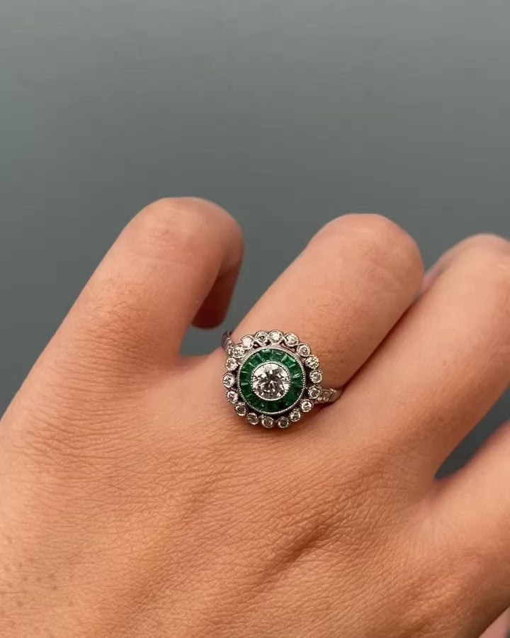 Art Deco Ring Diamonds 0.86 carat &amp; Emeralds "Gemma"