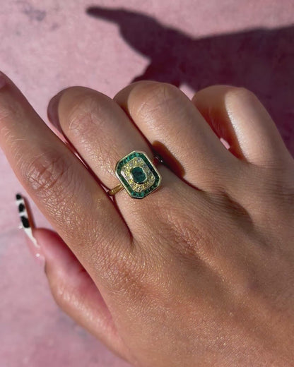 Anillo estilo art déco con esmeraldas de 0.51 quilates y diamantes, 4.89g "Estelle"