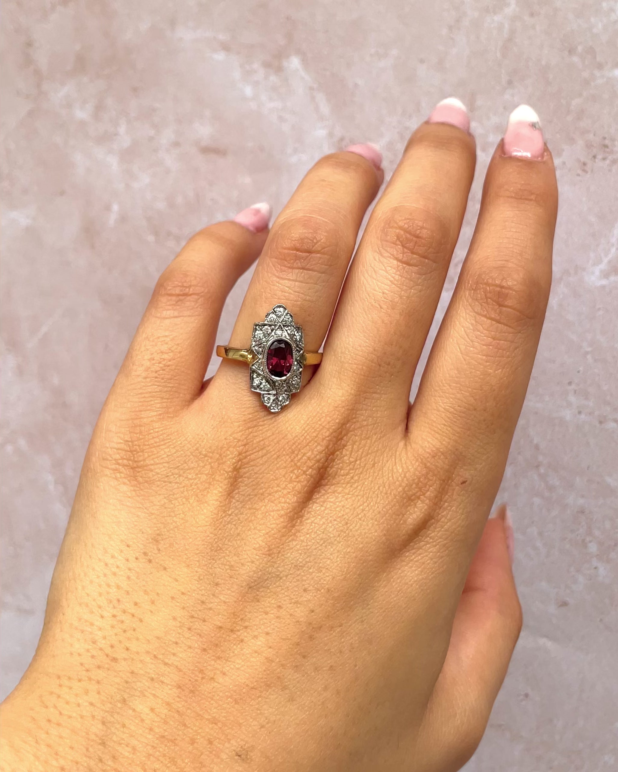 Art Deco Style Garnet 1.10 Carat &amp; Diamonds 0.40 Carat "Ornella" Ring