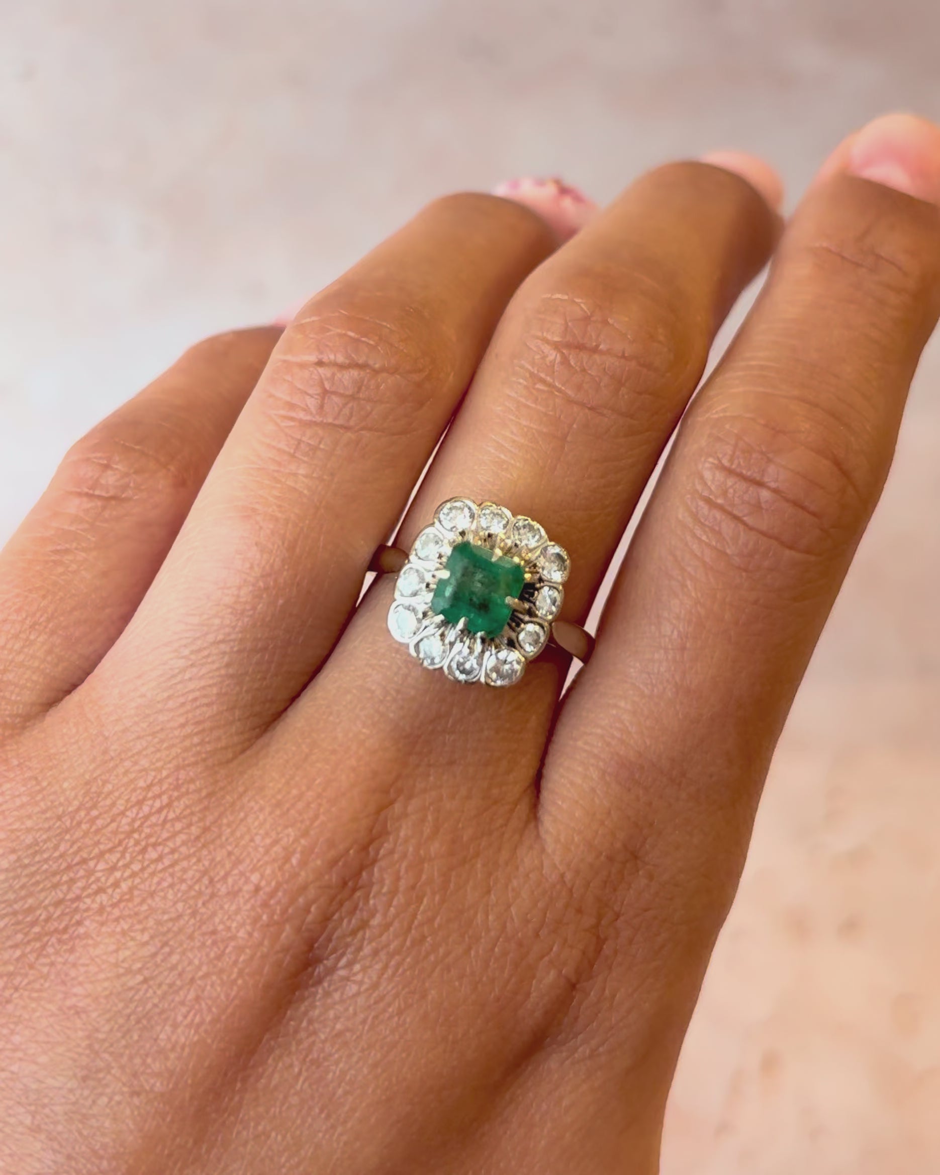 Emerald Daisy Ring 1.15 Carat, Diamonds 0.60 Carat &amp; Gold 4.63g "Melania"