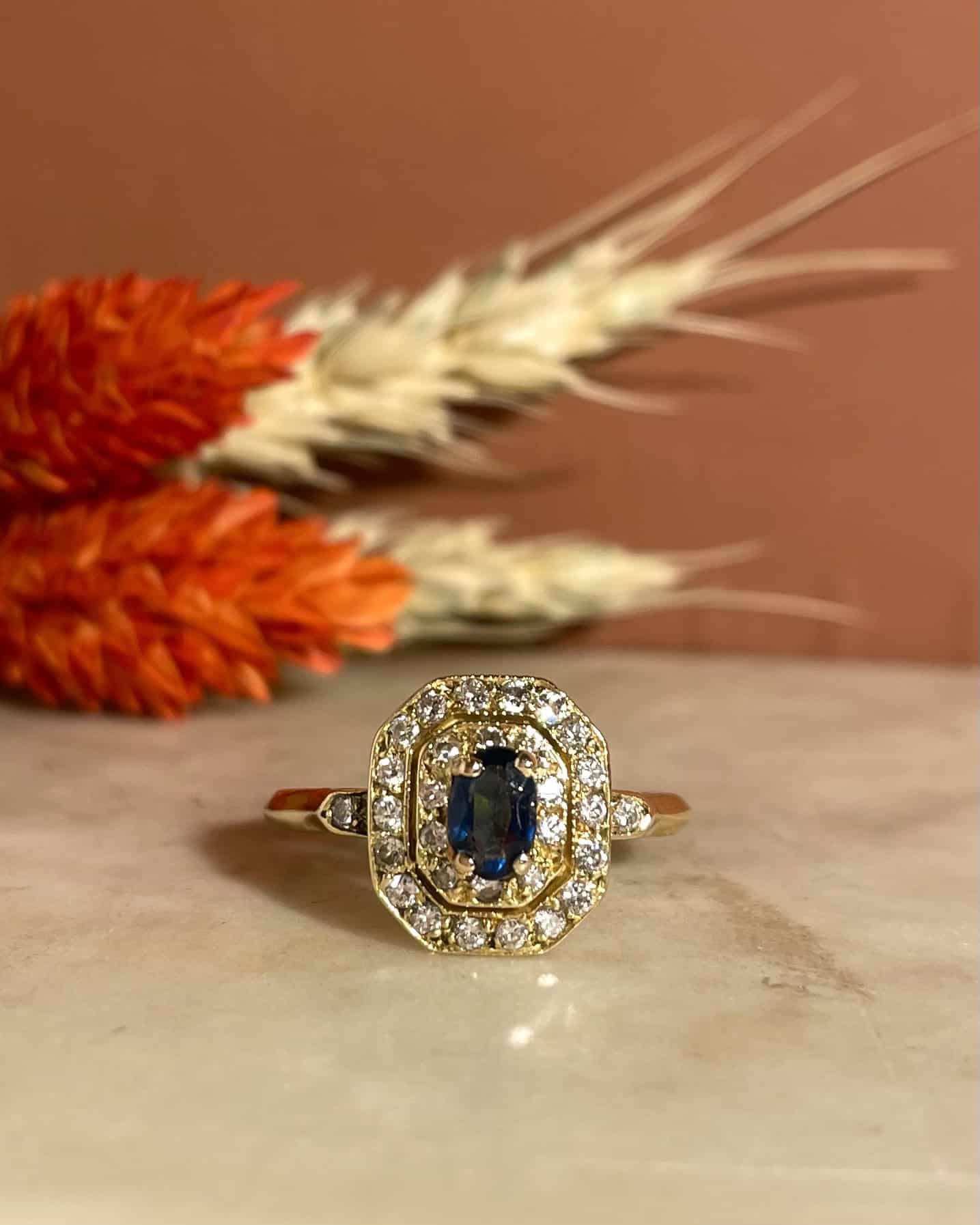 Bague Style Art-Déco Saphir &amp; 30 Diamants "Lobanova"