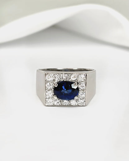 Bague Jonc Chevalière Saphir 1.40 carat &amp; Diamants 0.42 carat "Pascale"