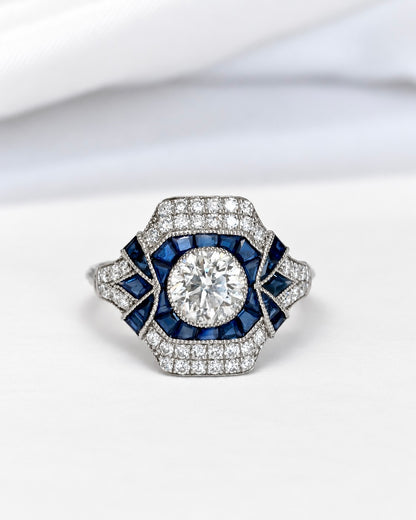 Art Deco-Style Ring with 1.36 Carats of Diamonds &amp; 0.80 Carat of Sapphires "Rim"
