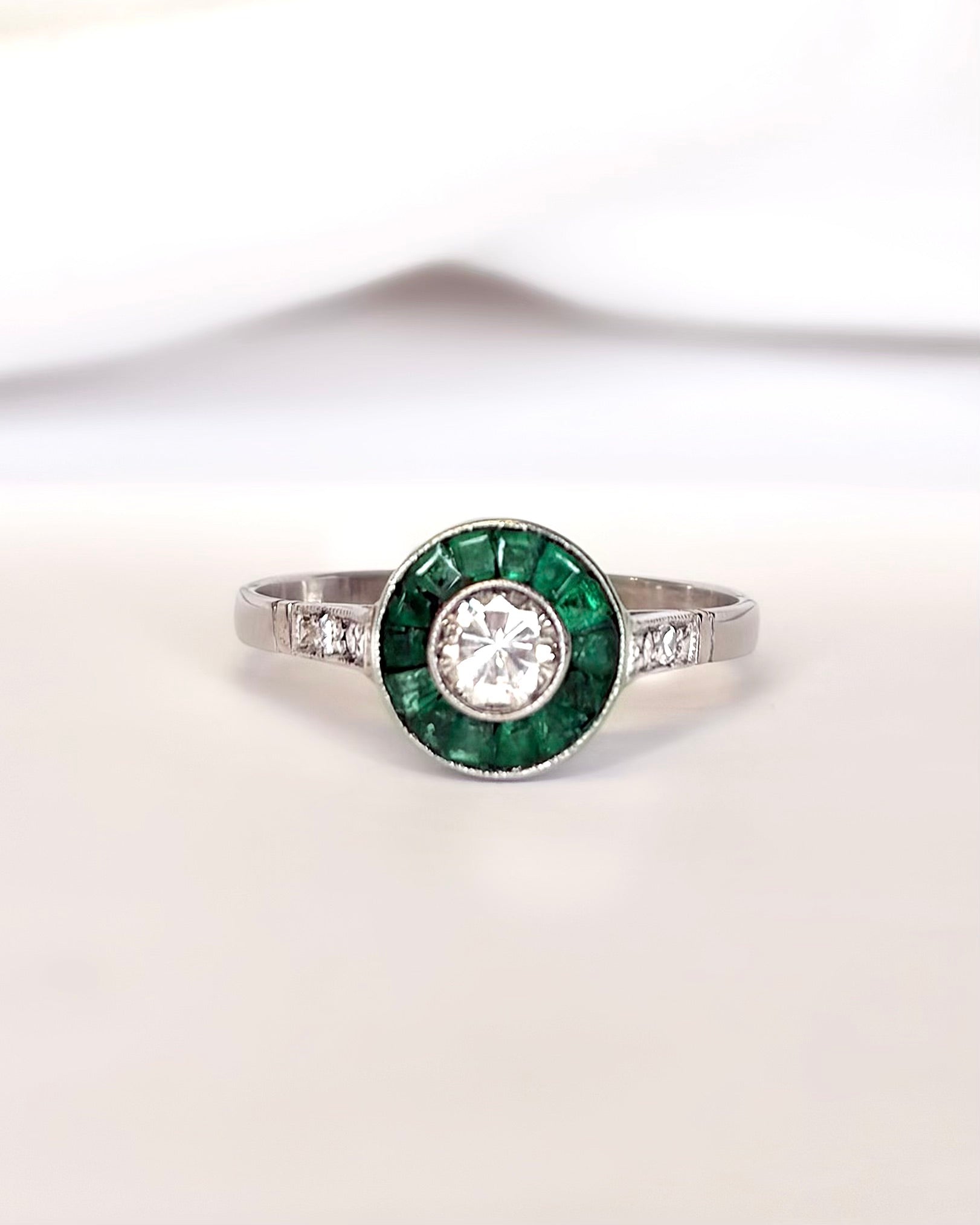 Art Deco Style Ring with 0.29 Carat Diamonds &amp; 0.28 Carat Emeralds "Olga"