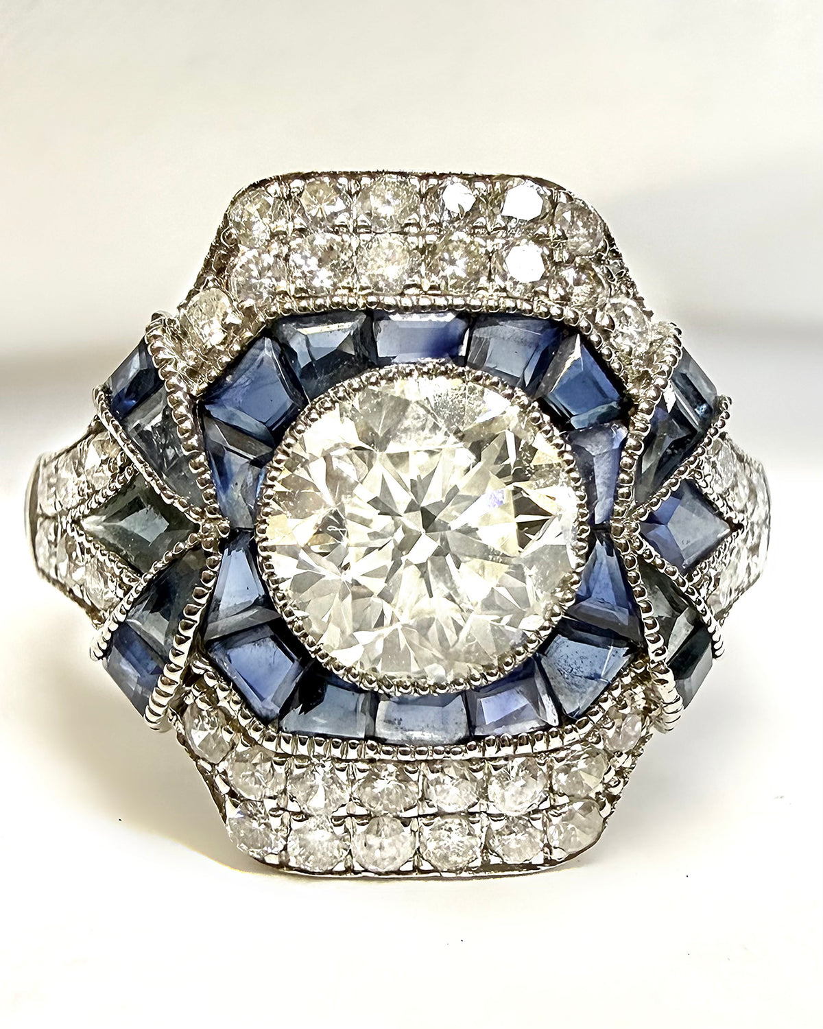 Art Deco-Style Ring with 1.36 Carats of Diamonds &amp; 0.80 Carat of Sapphires "Rim"