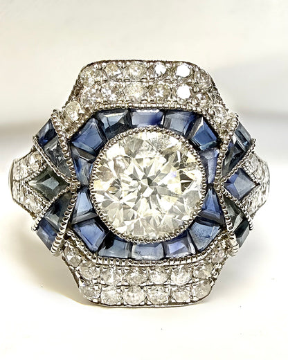 Art Deco-Style Ring with 1.36 Carats of Diamonds &amp; 0.80 Carat of Sapphires "Rim"