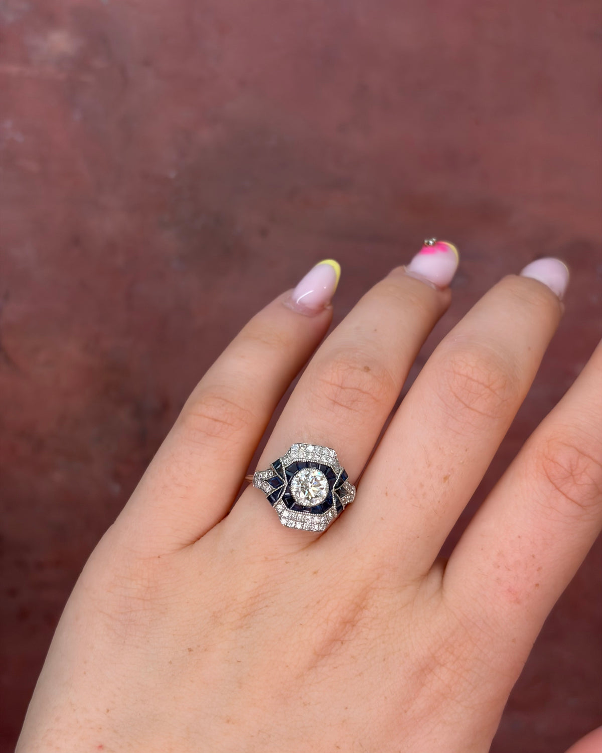 Art Deco-Style Ring with 1.36 Carats of Diamonds &amp; 0.80 Carat of Sapphires "Rim"
