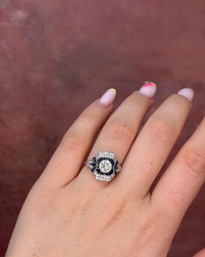 Art Deco-Style Ring with 1.36 Carats of Diamonds &amp; 0.80 Carat of Sapphires "Rim"