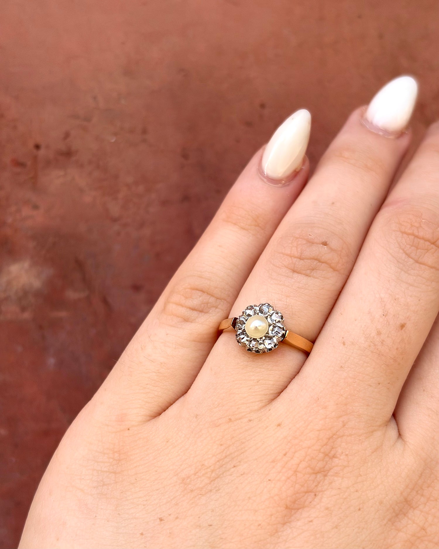 Bague Marguerite Art-Déco Diamants &amp; Perle "Elsa"