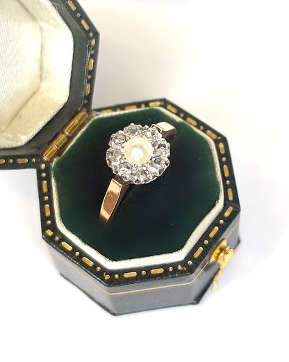 Bague Marguerite Art-Déco Diamants &amp; Perle "Elsa"