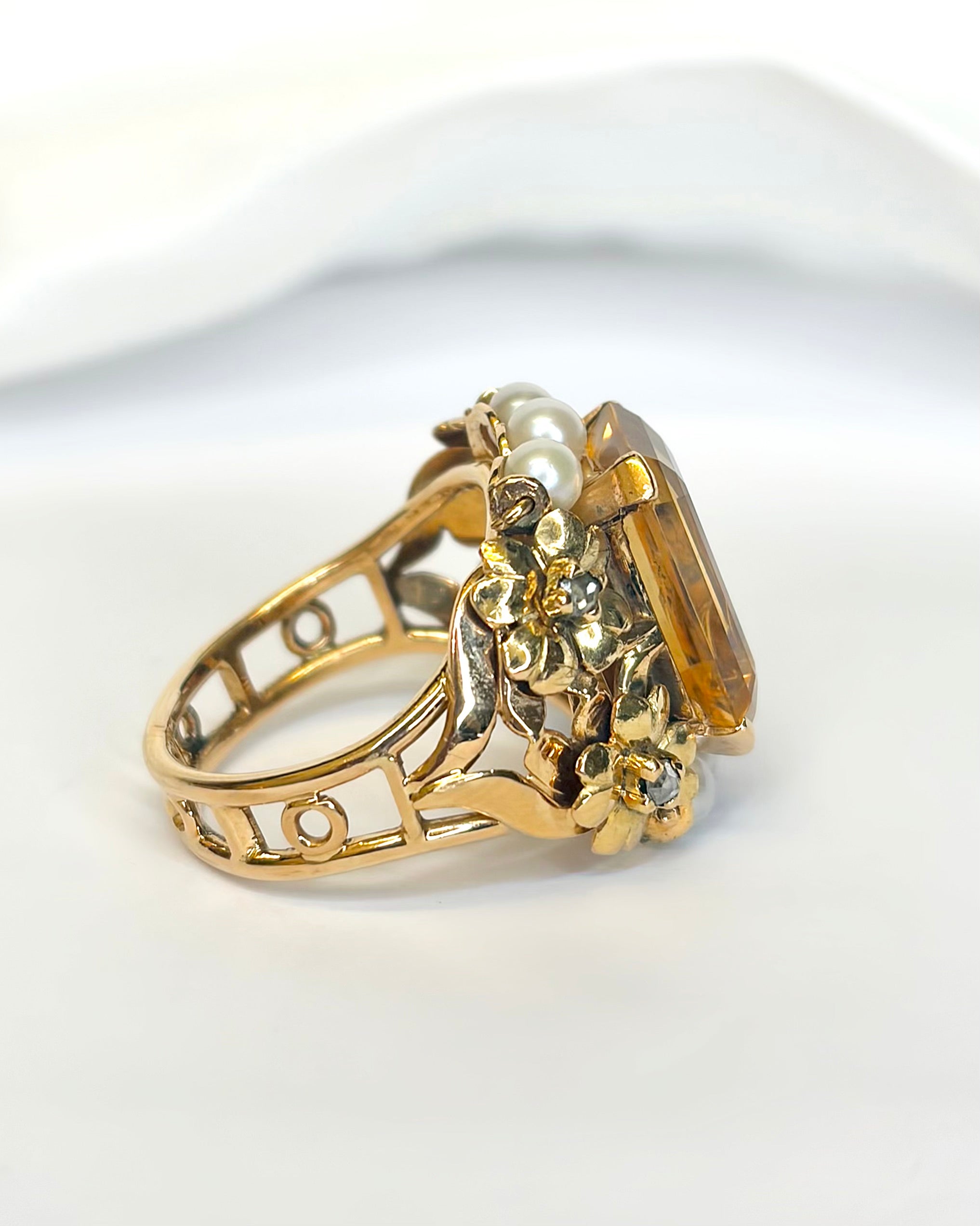 Bague Cocktail Citrine 6.80 carats, Diamants &amp; Perles 9,28g "Donna"