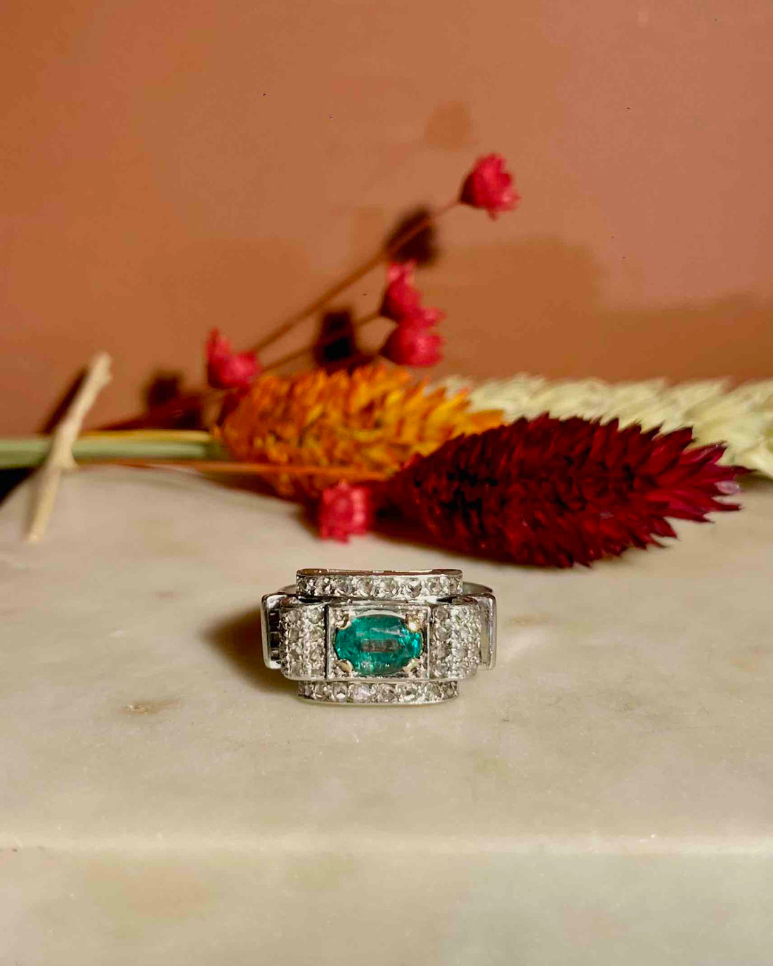 "Evelyne" Art Deco Emerald and Diamond Tank Ring
